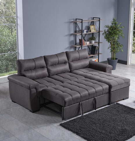 7star Cansas Corner Sofa bed in Black, Grey or Blue In  fabric Foldout Sofabed with Ottoman Storage