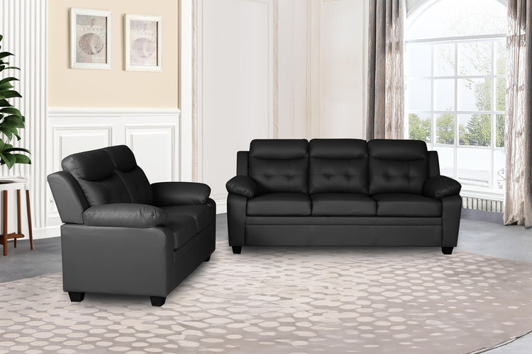 Clara 3+2 Seater Sofa Set, Black & Grey PU Leather, Modern Living Room Couch Set, Comfortable High-Back Design
