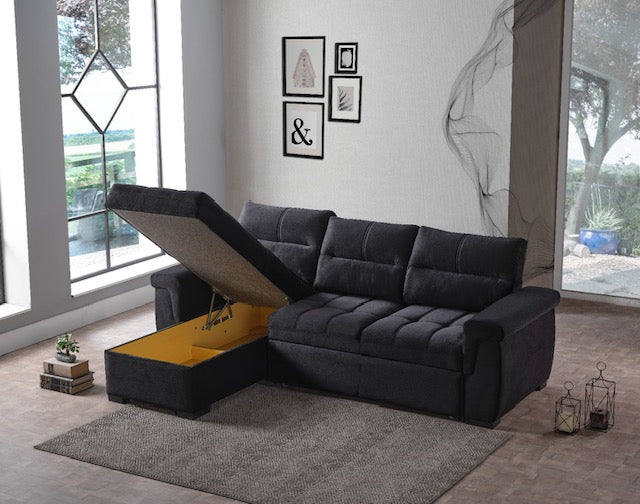 7star Cansas Corner Sofa bed in Black, Grey or Blue In fabric Foldout Sofabed with Ottoman Storage
