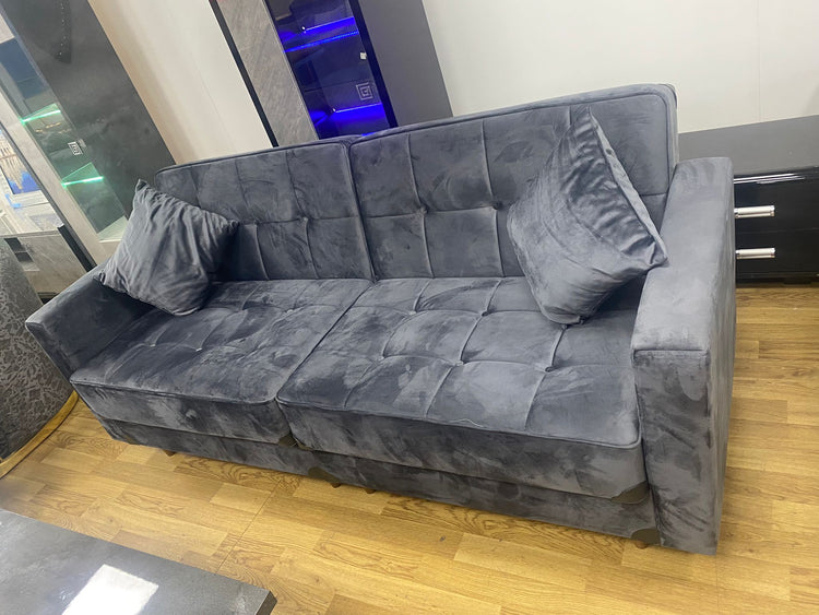 7star Zeyton Sofa bed in Black, Grey in Velvet Clic clac 3 Seater Sofabed with Storage & Free 2 Cushions