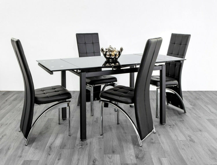 Mesa de comedor extensible de vidrio templado negro de 7 estrellas con 4 sillas de cuero sintético