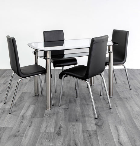 Mesa de comedor de vidrio de 7 estrellas con estante y 4 cuero de imitación con marco cromado, juegos de comedor asequibles y económicos