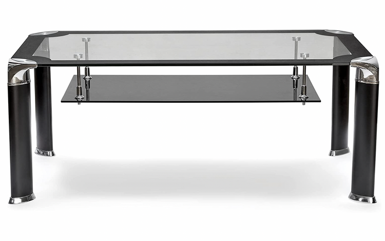 7Star Glass Coffee Table with Mirrored Finish Metal legs with Bottom Shelf