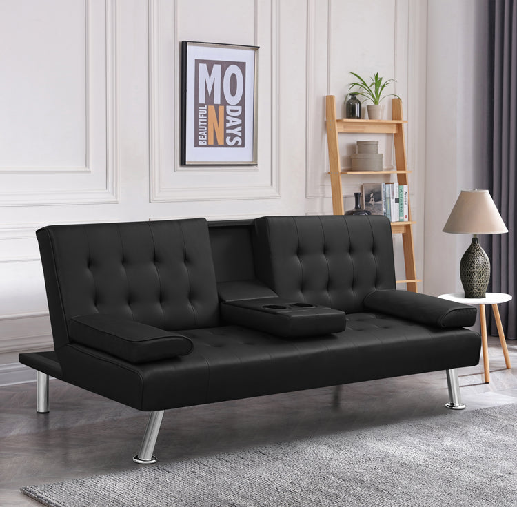 James Modern Convertible Sofabed with Cupholder – Black PU & Grey Fabric