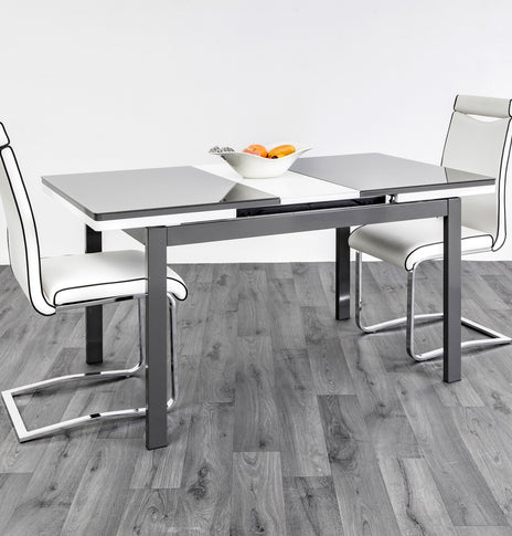 HUSTY-semi extendable glass DINING TABLE in -GREY/WHITE, BLACK/WHITE, WHITE/BLACK  for restaurants and homes