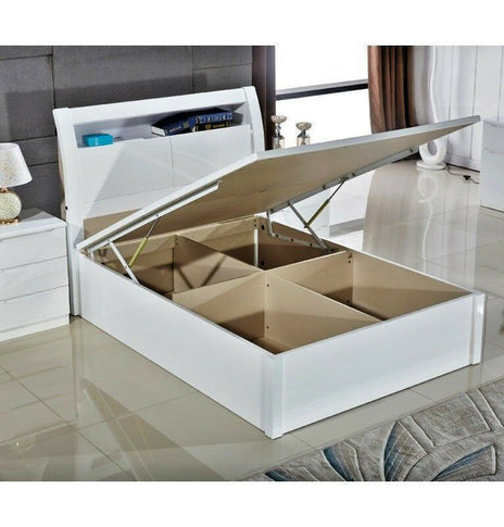 LED White Rugby Danny Bed High Gloss Luxury With Storage Ottoman Bed in Double and King