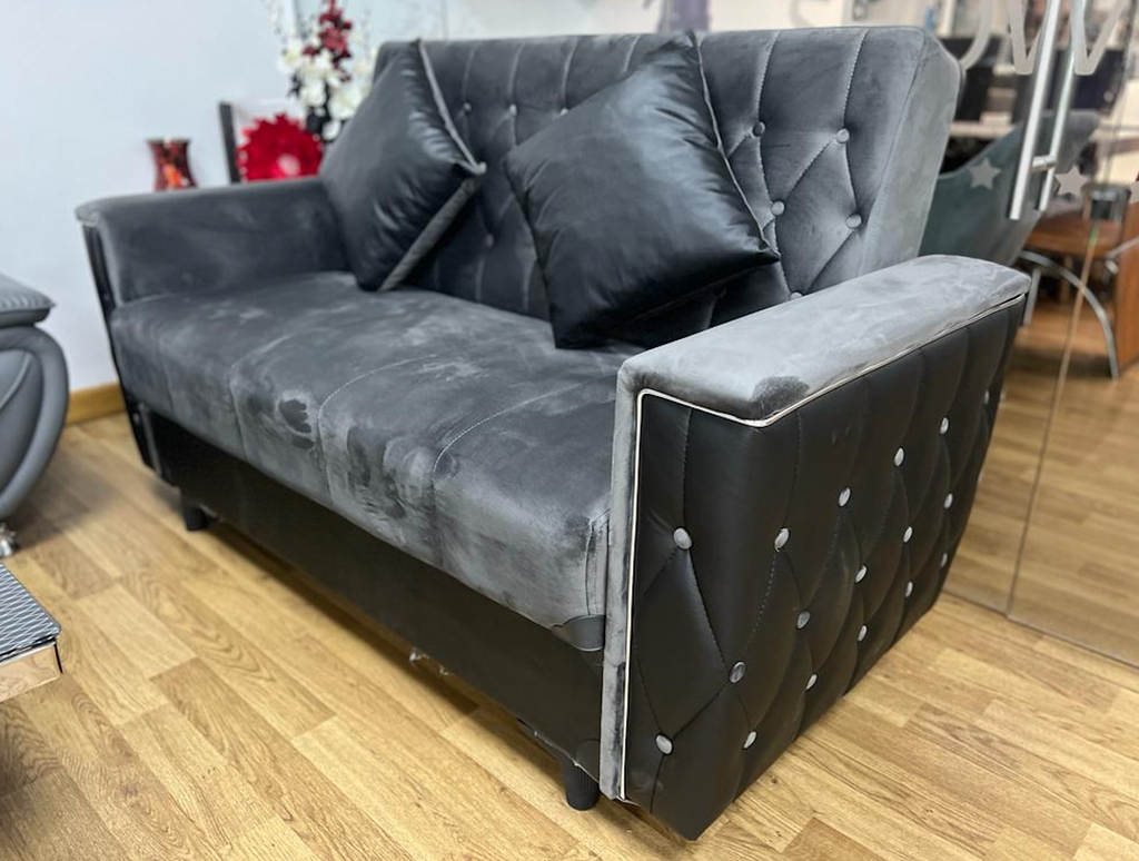 7star Kevin Plush velvet grey and black Stylish Sofa bed with faux leather arms 3 2seater